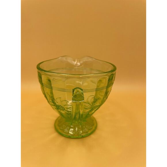 s-l400.jpg Vintage Green Uranium Glass Paneled Open Sugar Cup Double Handled & Creamer